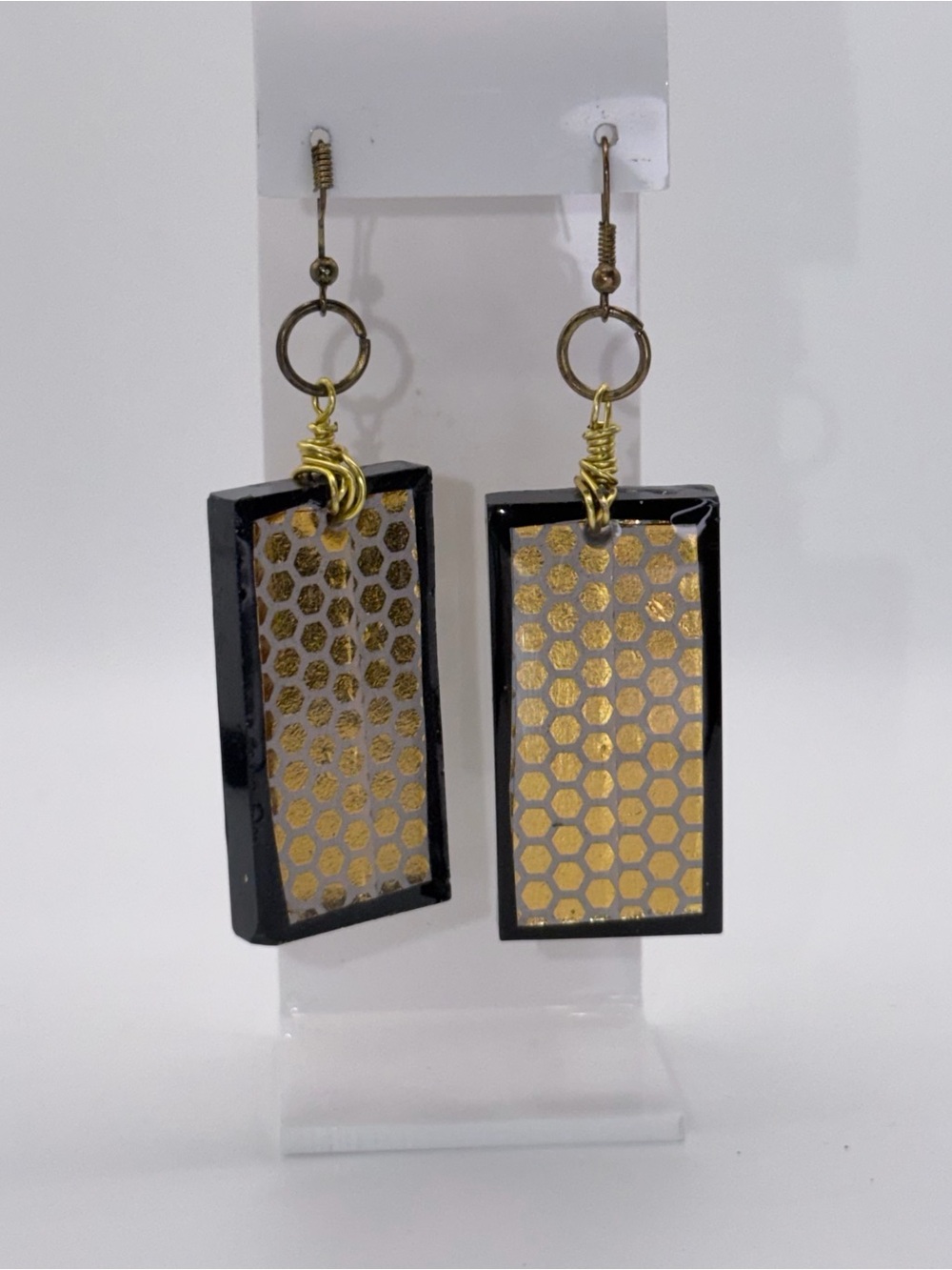 Handmade Black and Gold Honeycomb Rectangle Drop Earrings
